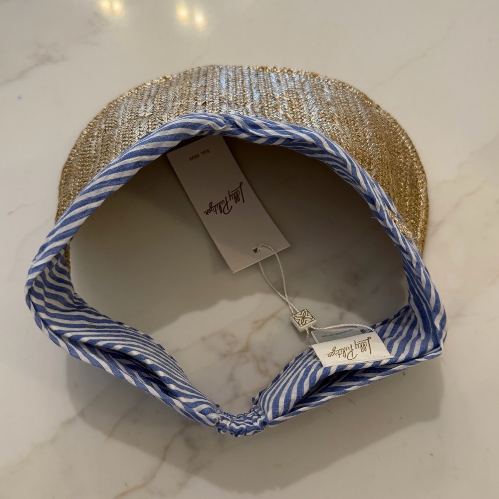 Lilly Pulitzer For Shore Visor Coastal Blue Gold Oxford Stripe Hat One Size NEW - Picture 6 of 14